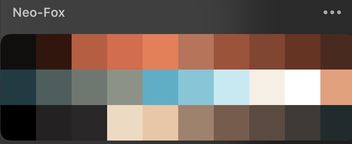 Neo-Fox colour palette captured in Procreate: warm reds, cool blue-greens and neutral shades