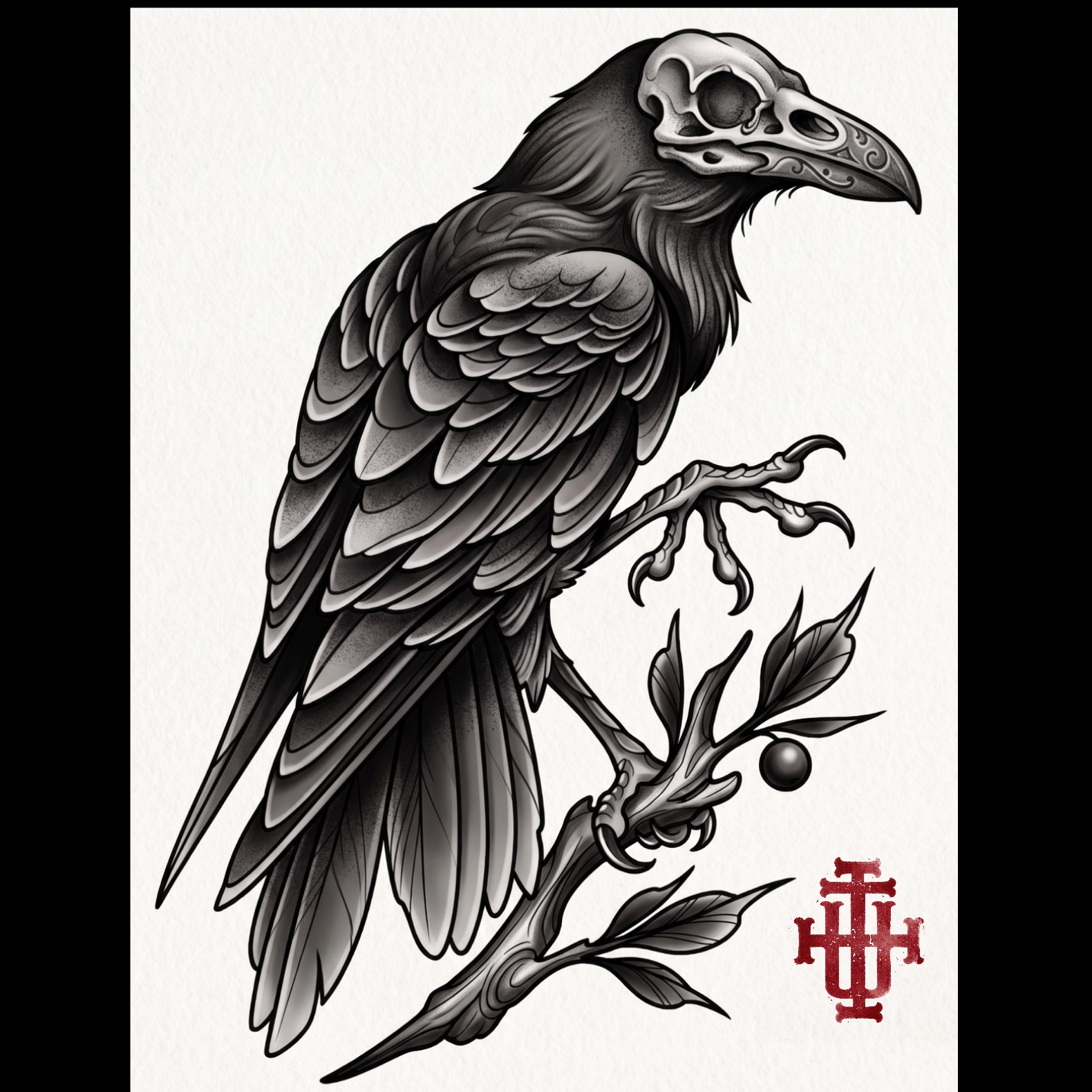 Neo-traditional raven with skull mask tattoo flash