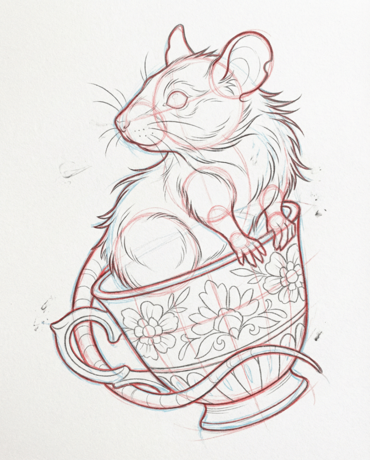 Neo-traditional rat perched on floral teacup sketch