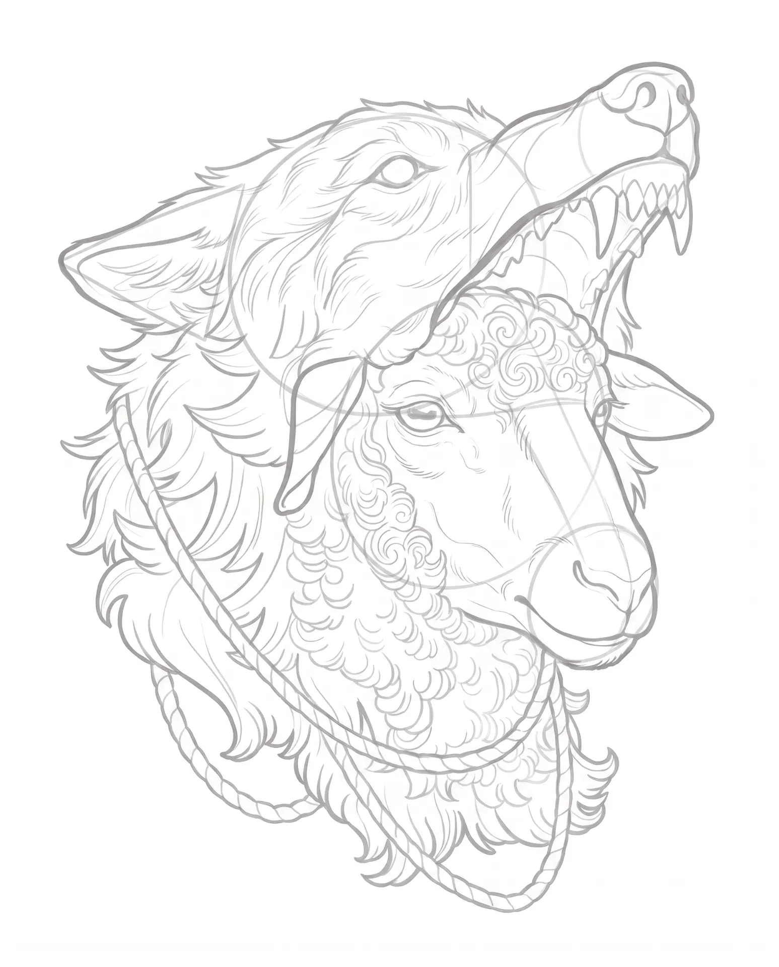 Neo-traditional sheep and wolf layered sketch design