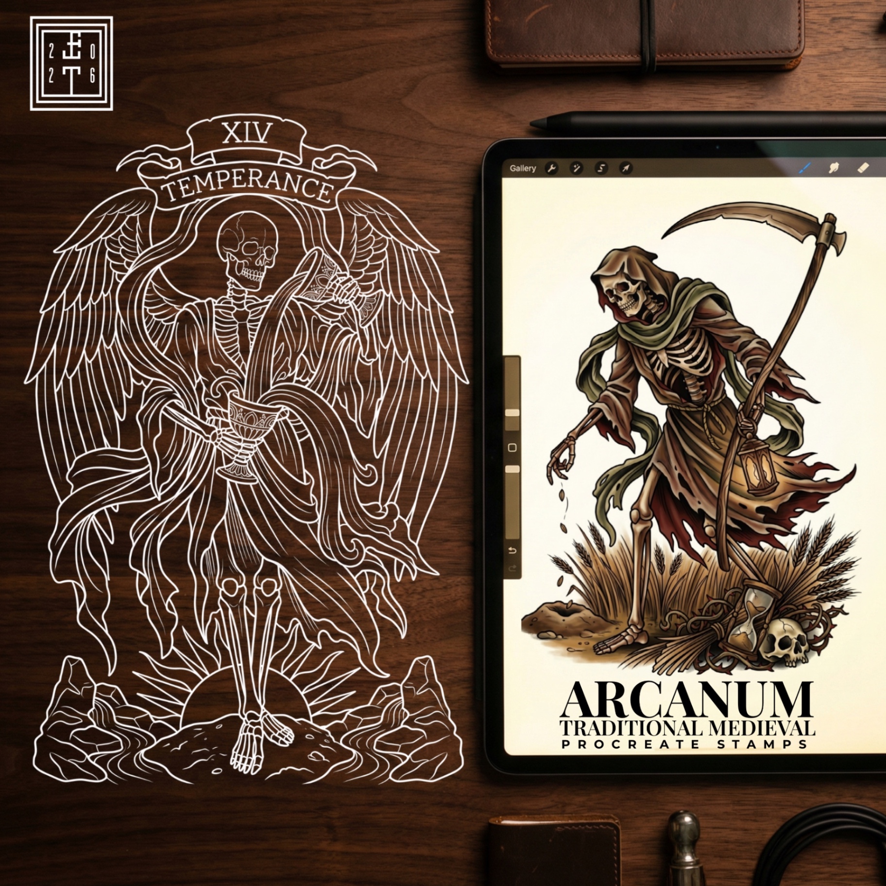 Arcanum Traditional Medieval Procreate Stamps — Temperance tarot design