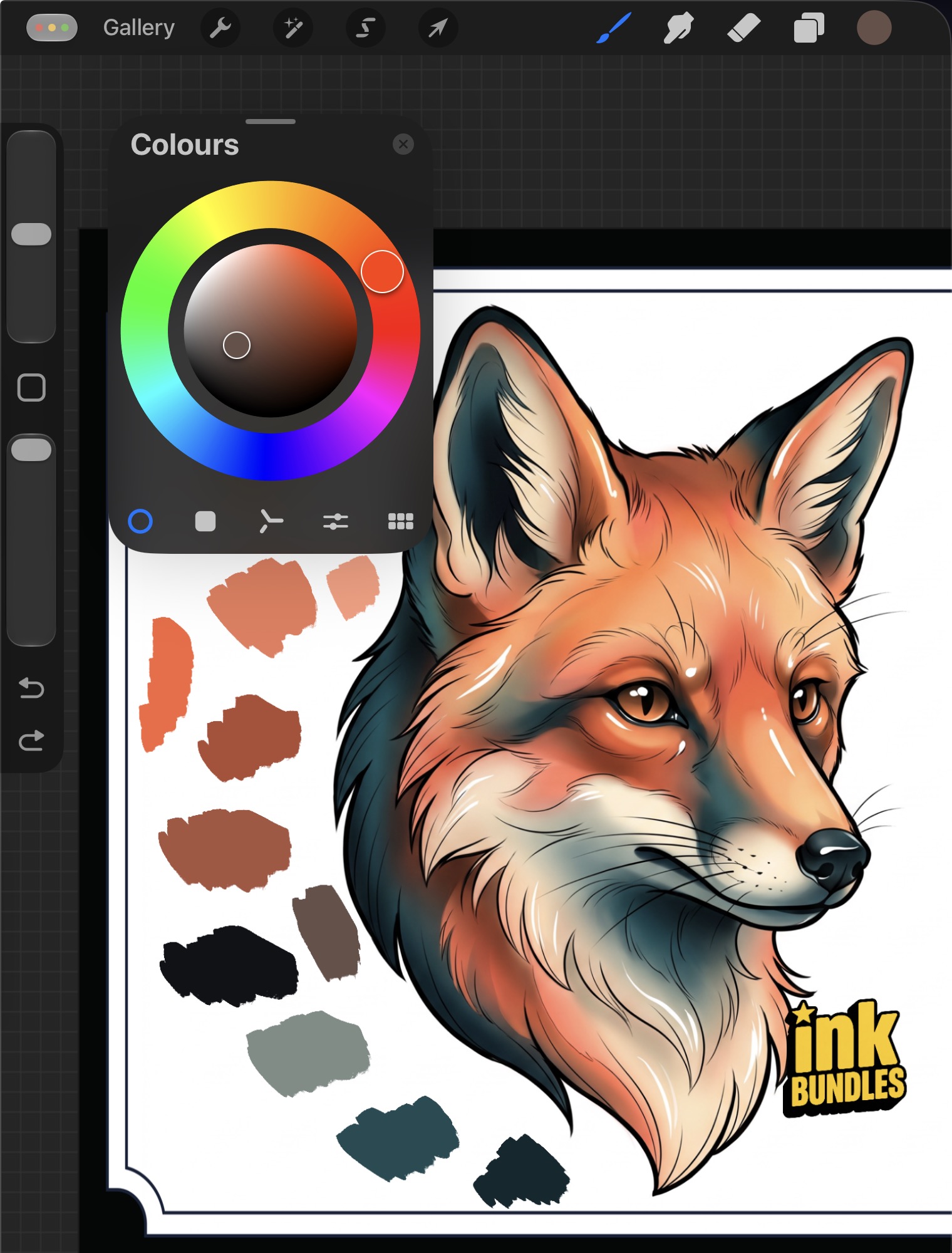 Screenshot from Procreate: neo-traditional red fox painted with Inkbundles Neo-Gouache experimental brushes, with colour swatches