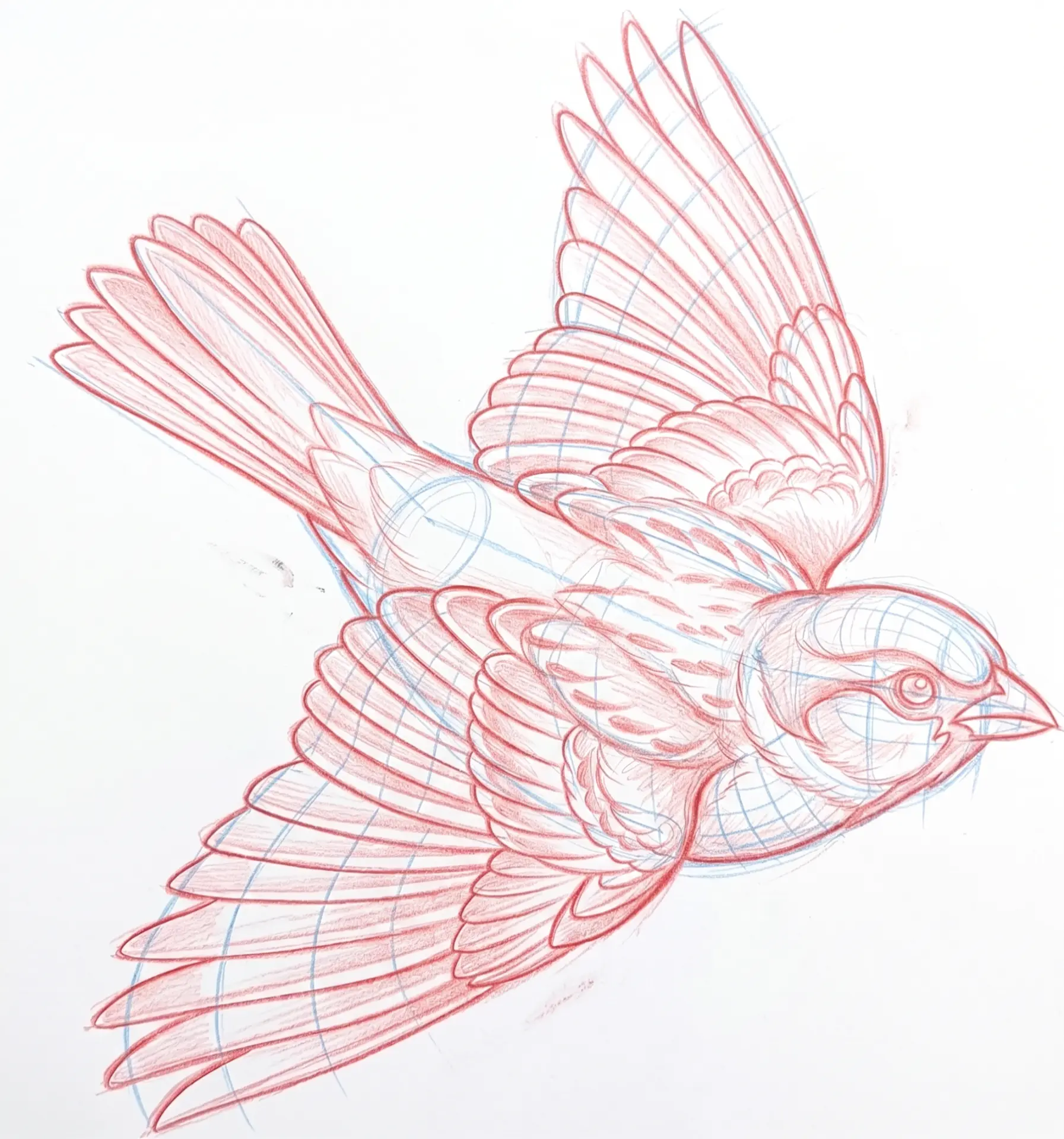 Flying sparrow bird sketch with construction lines