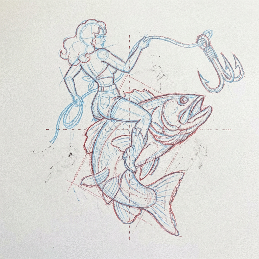 Pin-up girl riding a fish with hook sketch