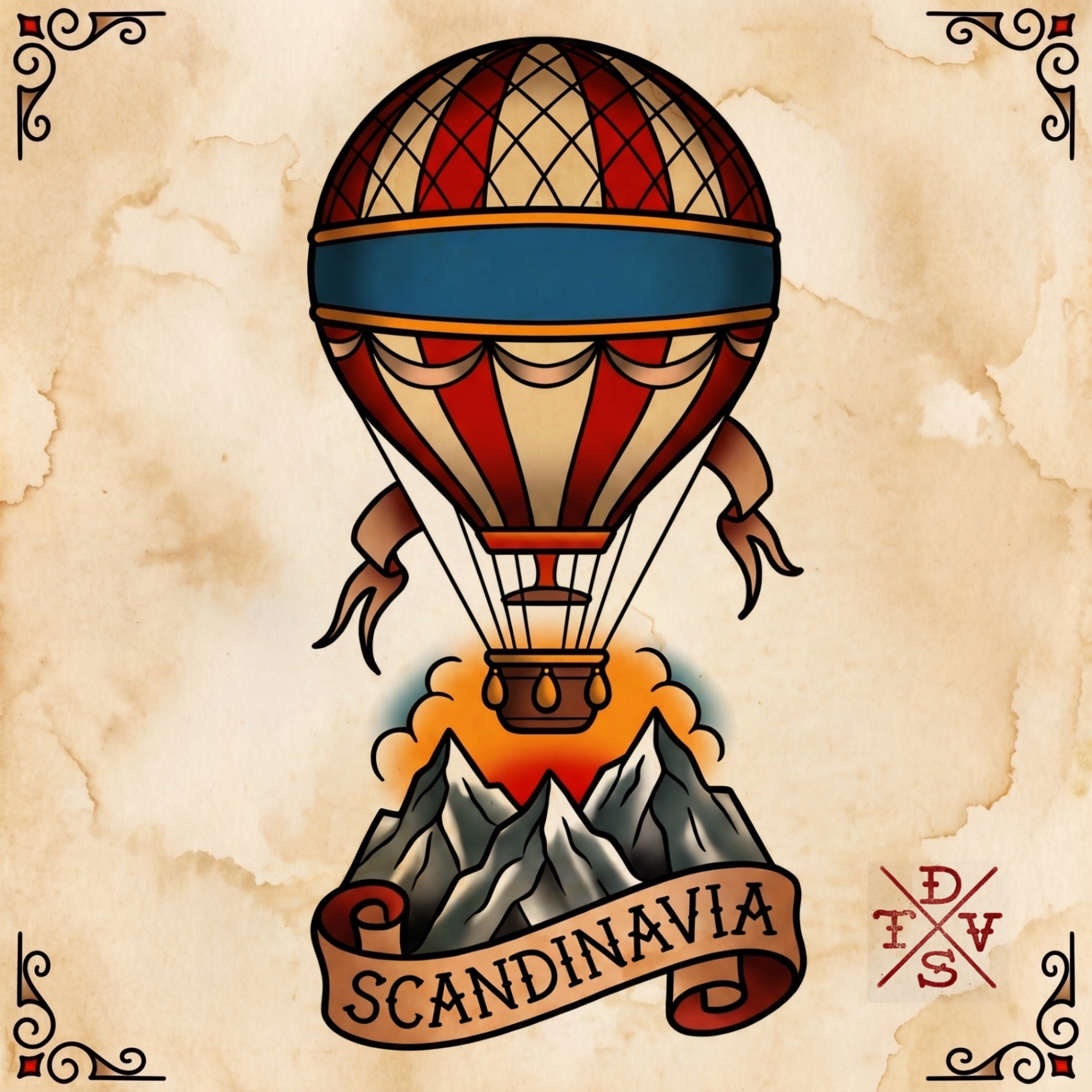 Traditional Scandinavia hot air balloon tattoo flash
