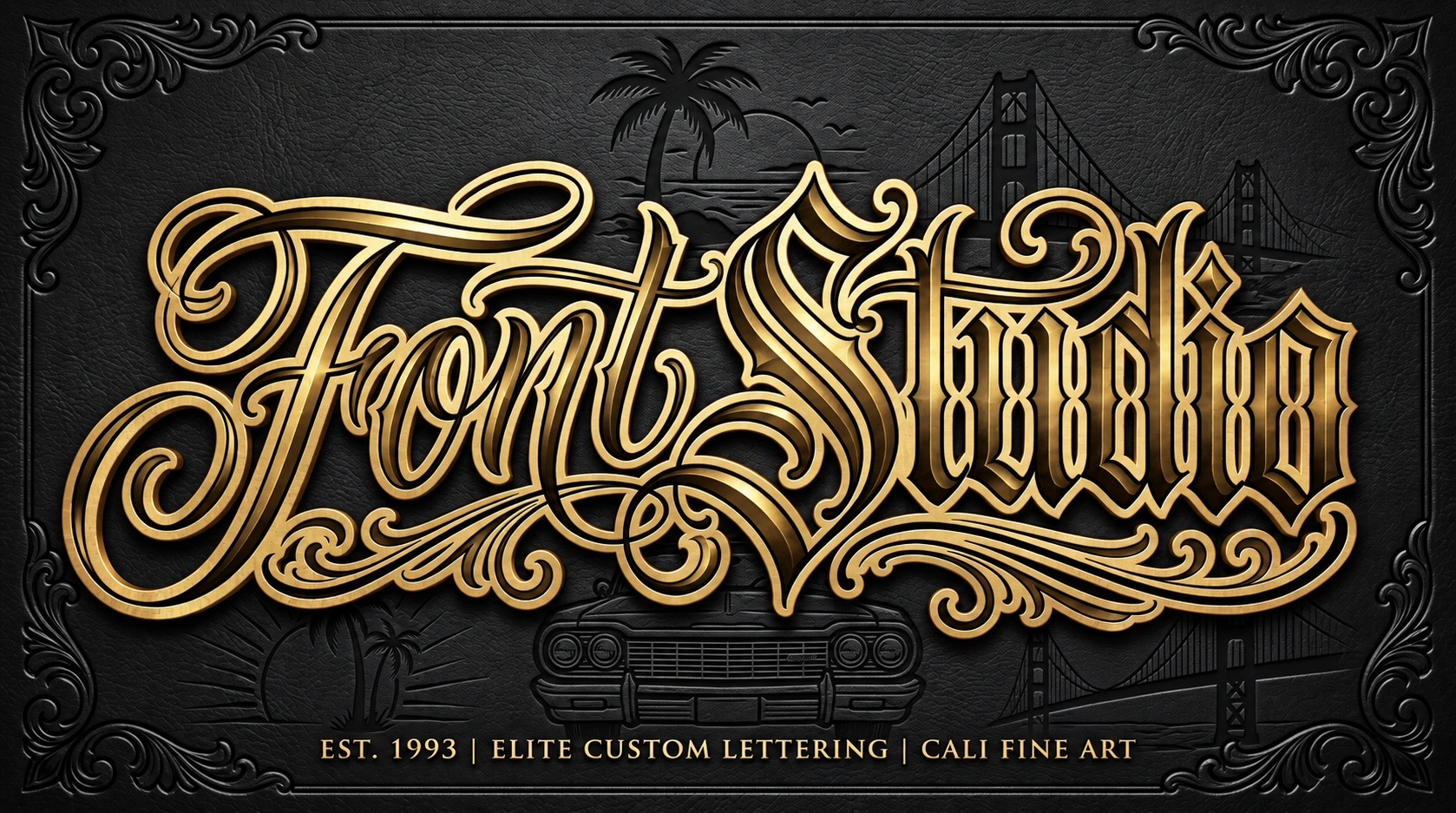 Font Studio by Inkbundles — gold Chicano script and blackletter tattoo lettering on dark leather