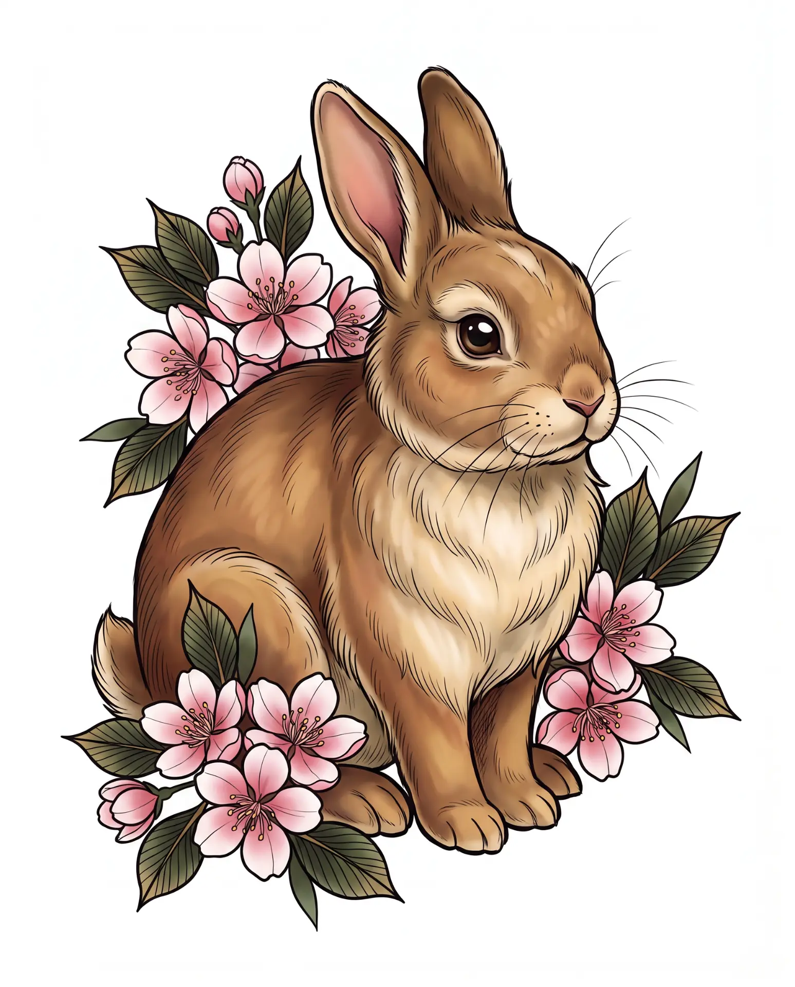 Neo-traditional rabbit surrounded by pink cherry blossoms