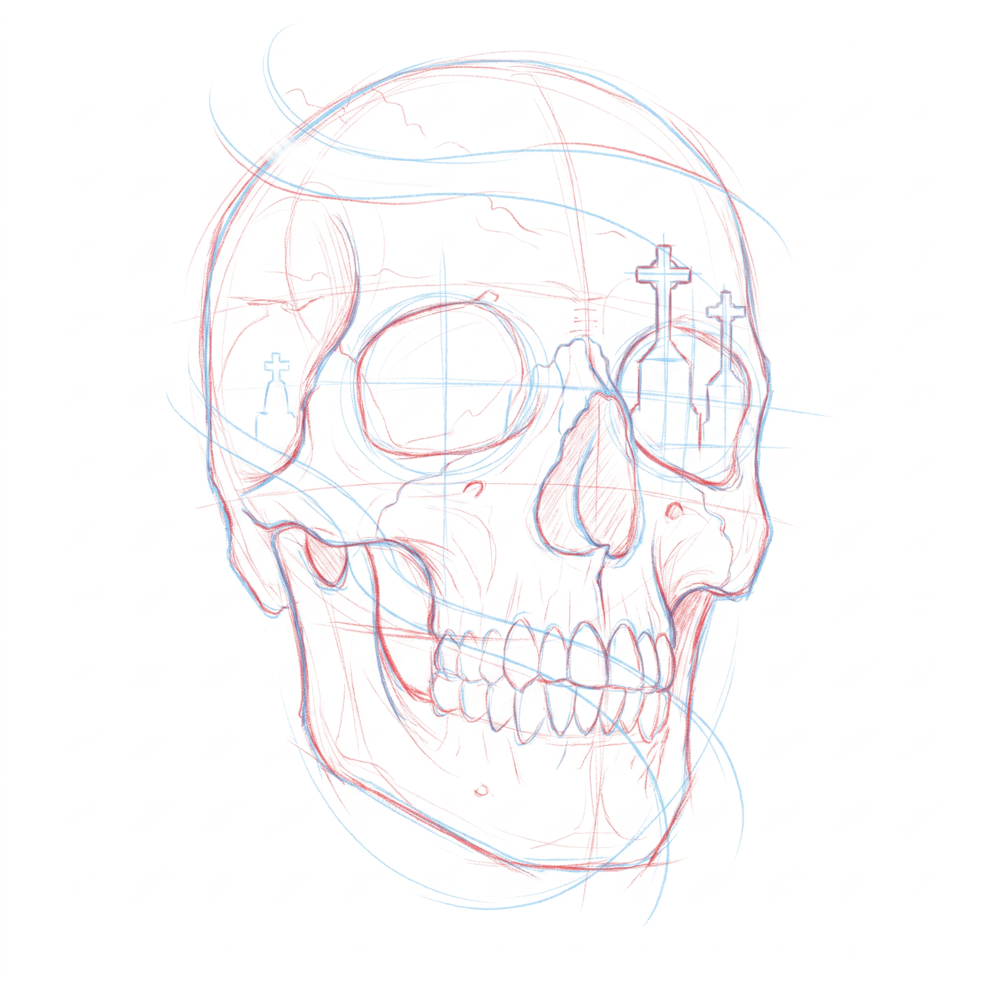 Original skull sketch with construction lines and cross details