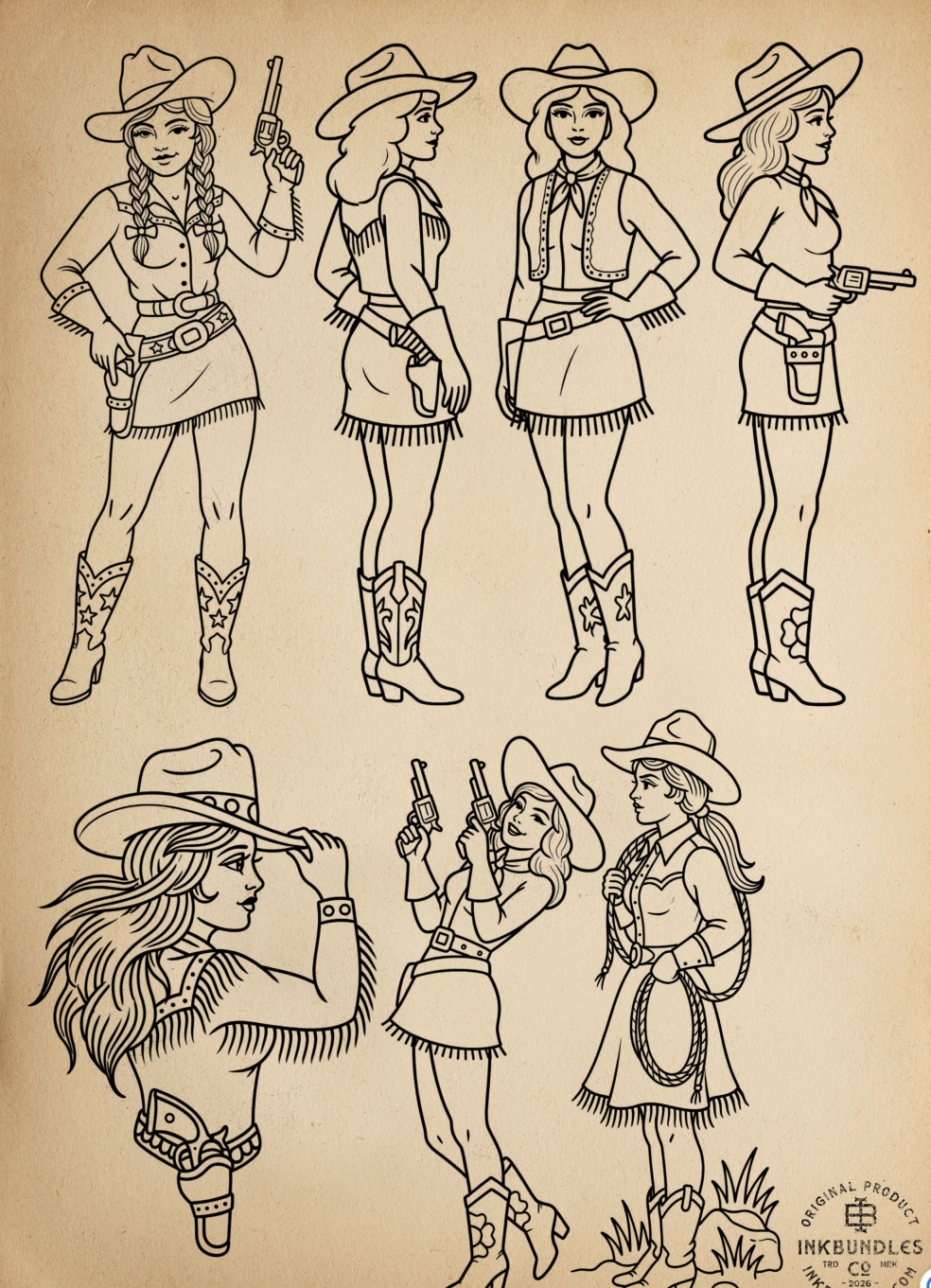 Traditional cowgirl pin-up tattoo flash sheet